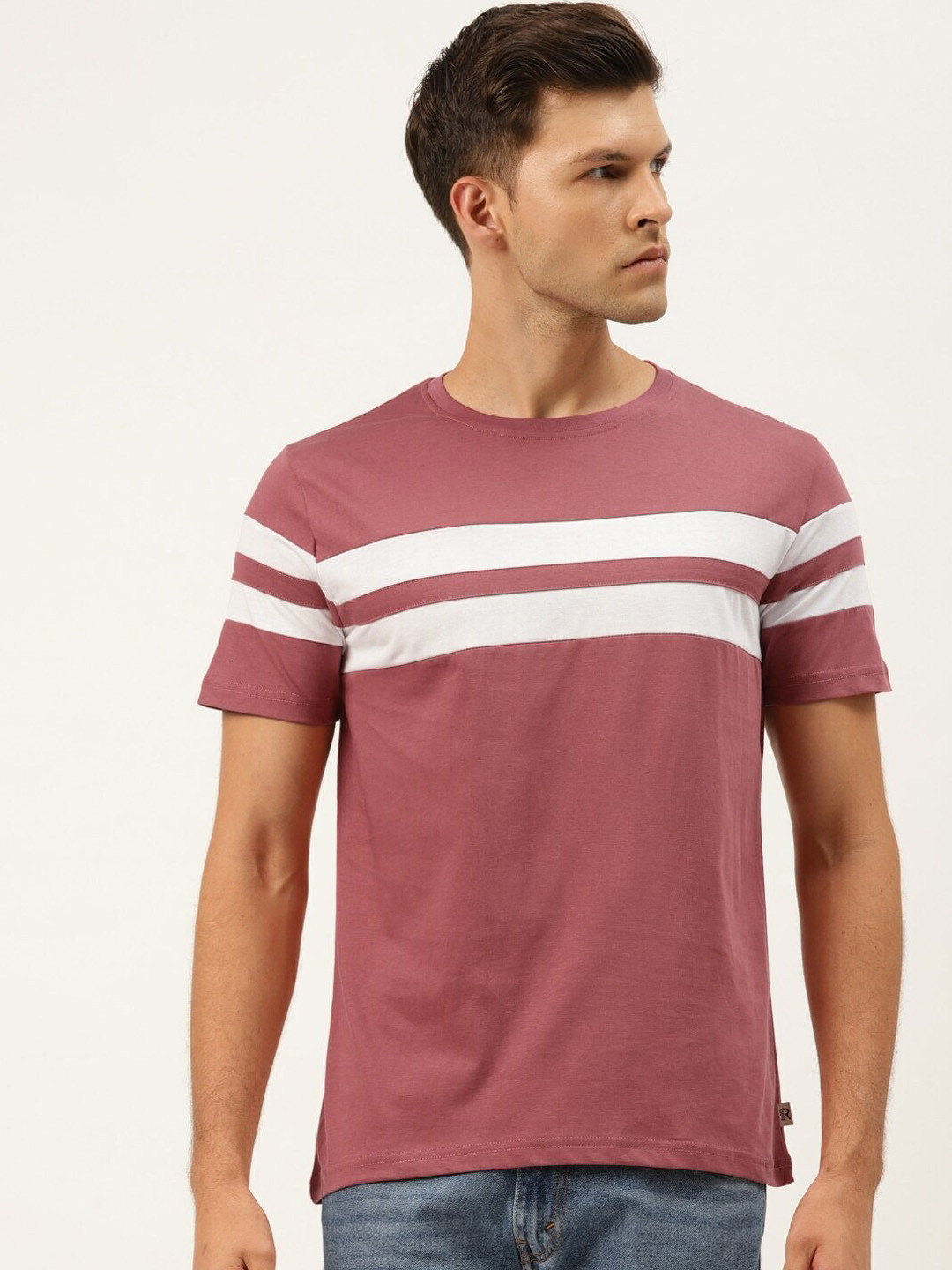 

Rodzen Men Striped Pure Cotton T-shirt, Pink