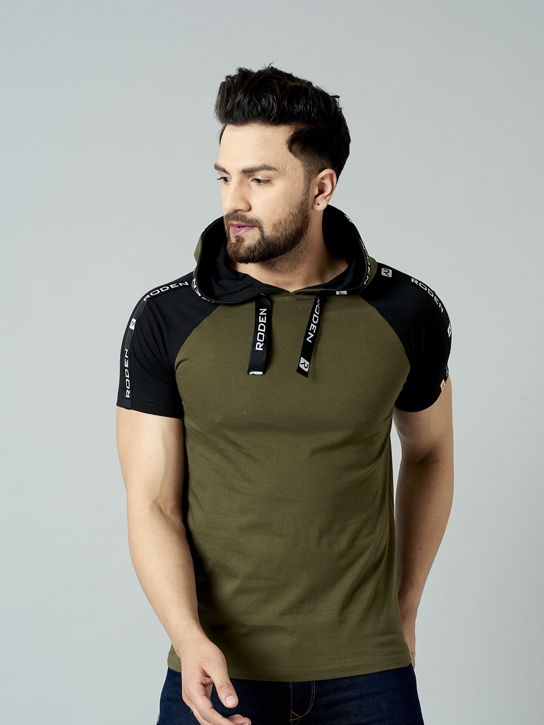 

Rodzen Men Hooded Pure Cotton T-shirt, Olive