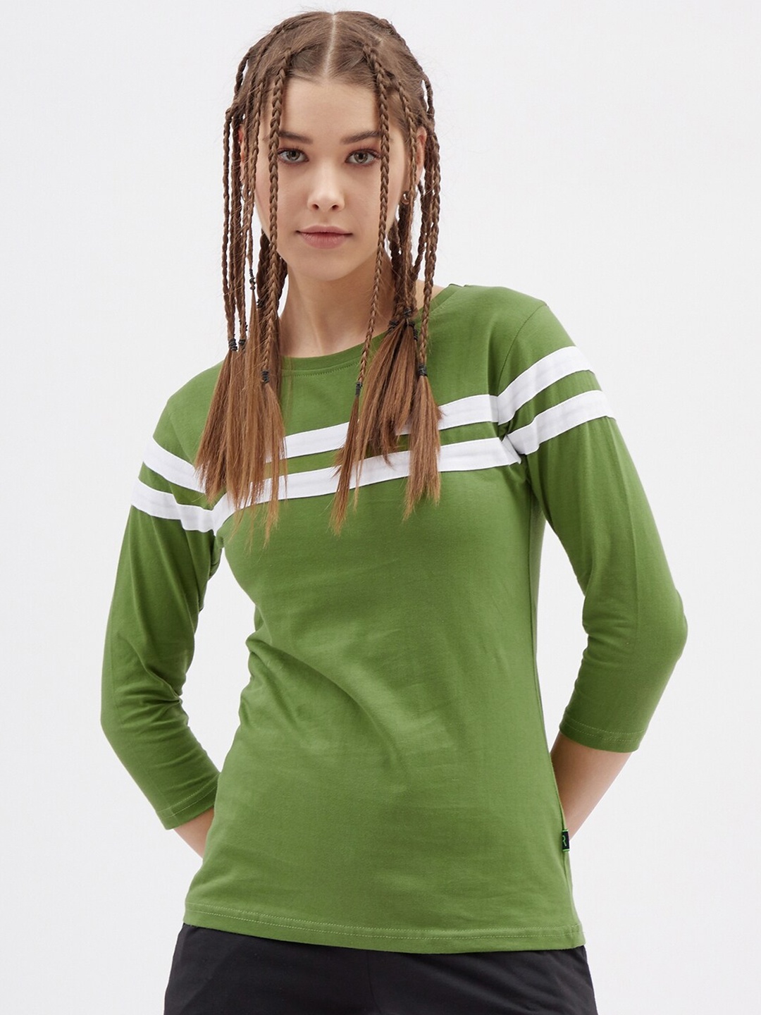 

Rodzen Women Colourblocked Pure Cotton T-shirt, Green