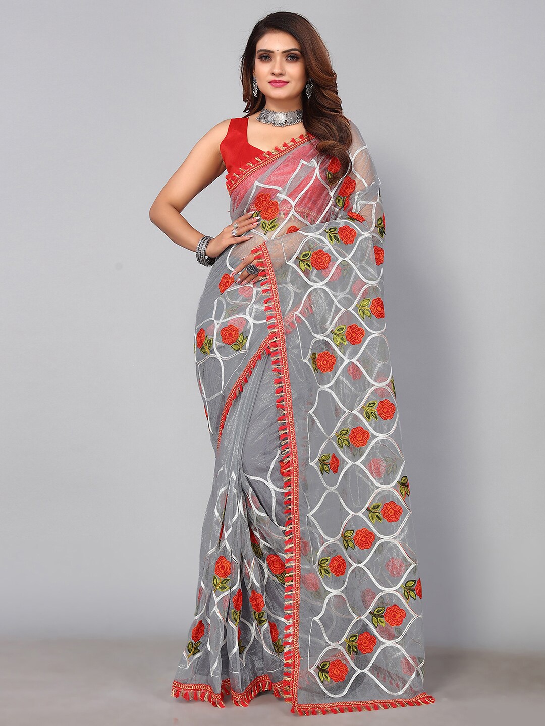 

SIRIL Floral Embroidered Saree, Grey