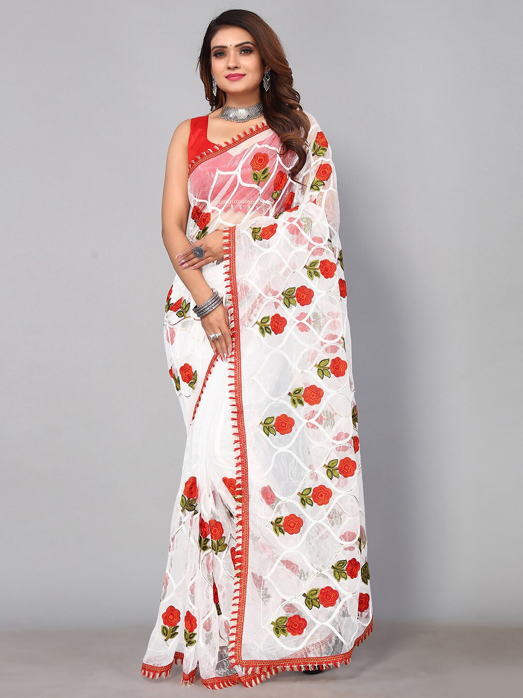 

SIRIL Floral Embroidered Saree, White