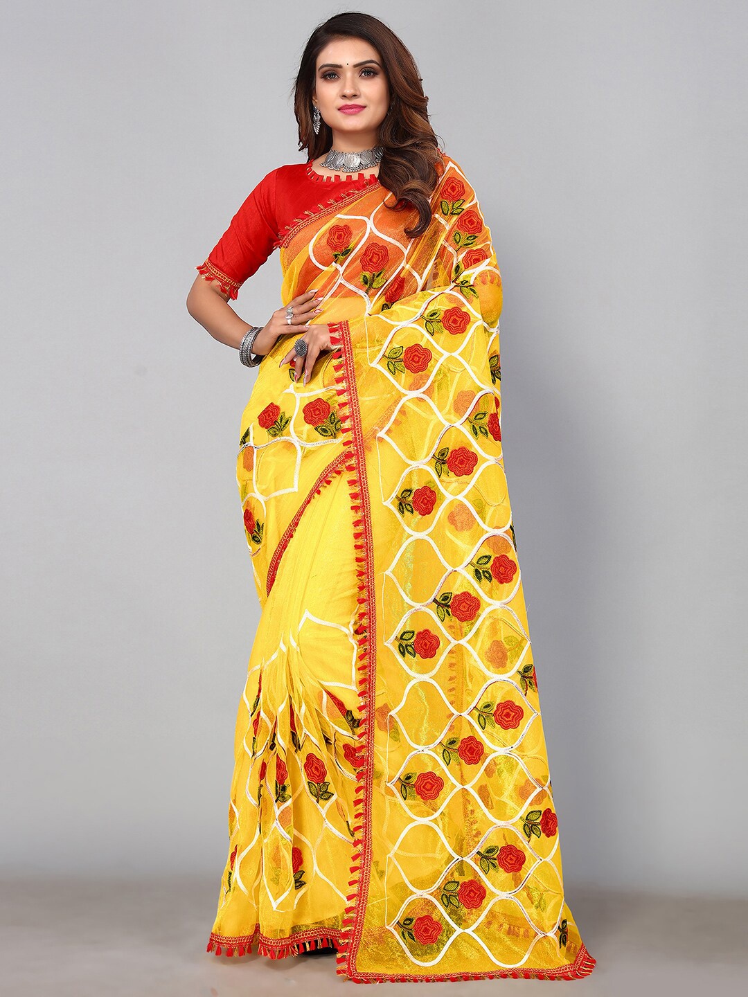 

SIRIL Floral Embroidered Saree, Yellow