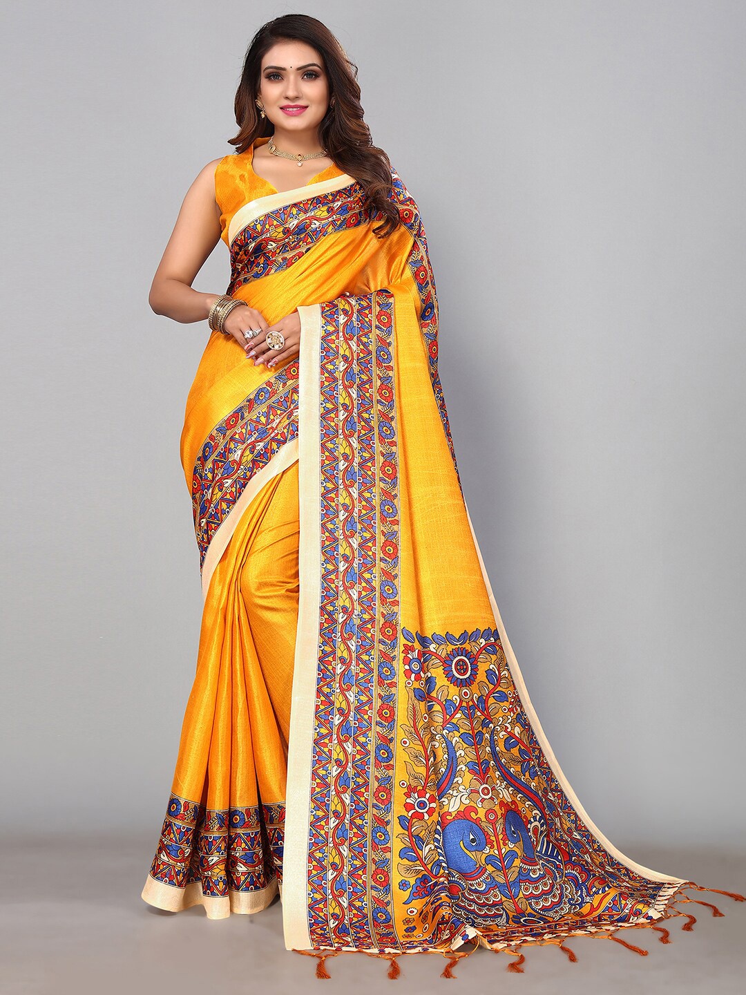 

KALINI Printed Kalamkari Khadi Saree, Yellow