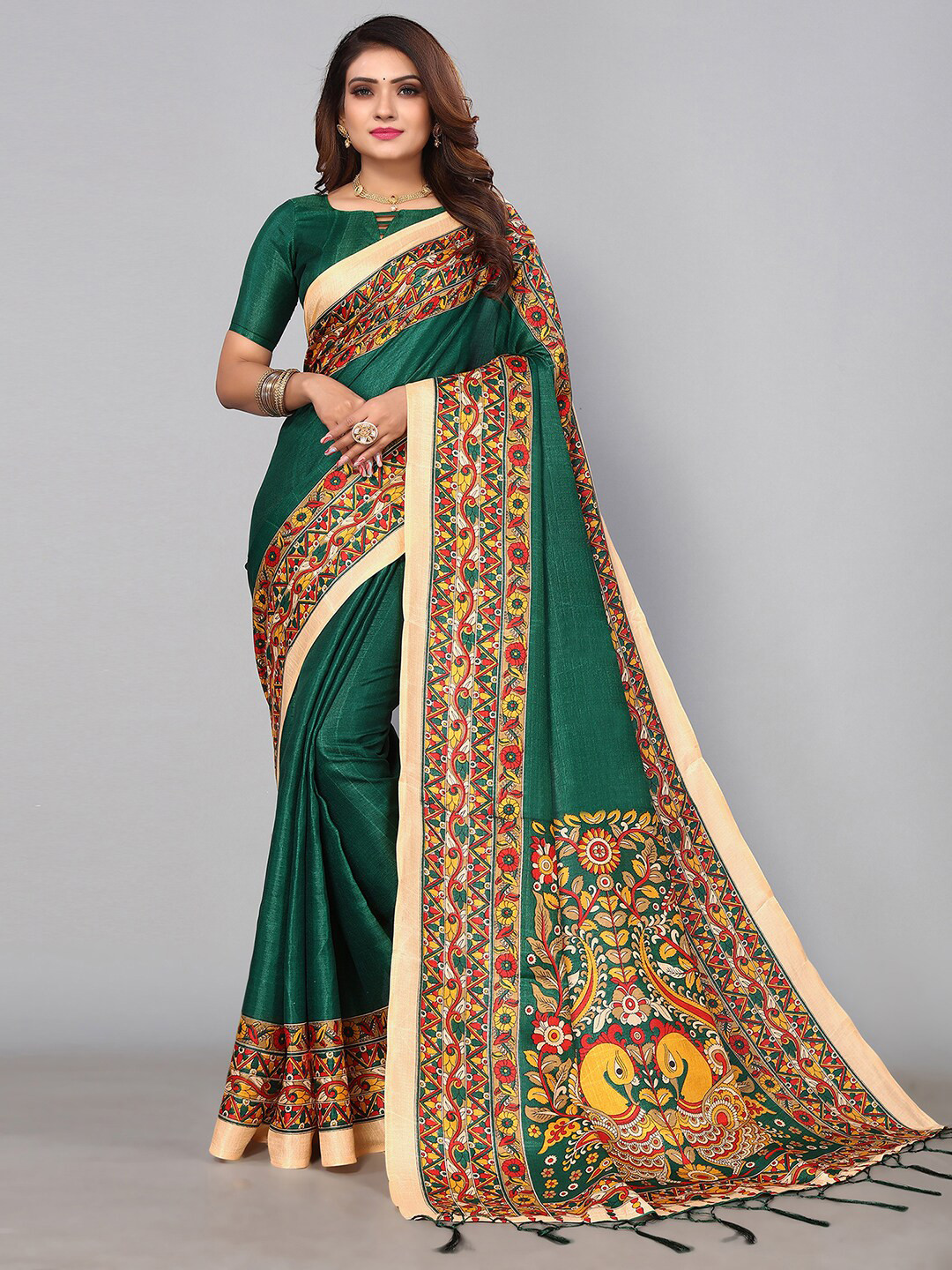 

KALINI Kalamkari Printed Khadi Saree, Green