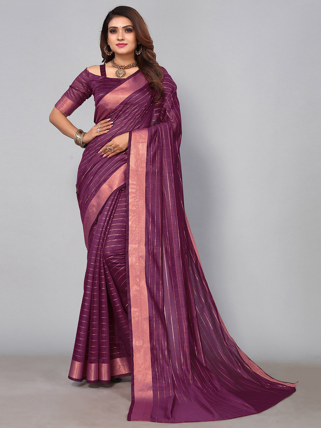 

KALINI Striped Zari Detailed Saree, Magenta