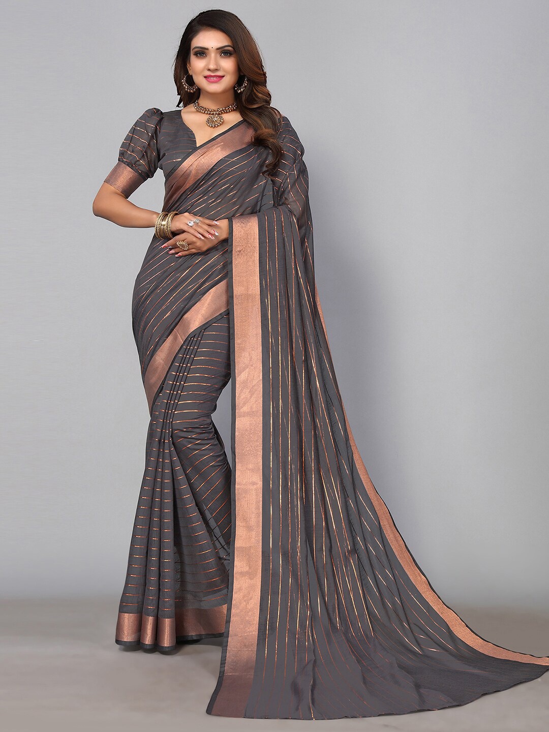 

KALINI Striped Zari Bordered Saree, Grey