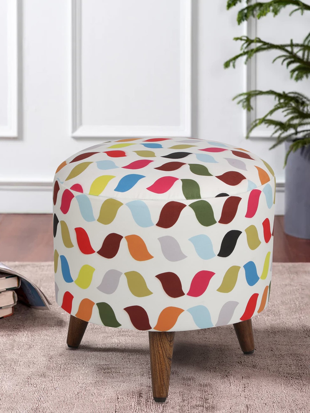 

GLOBALLY INDIAN White Printed Wooden & Velvet Round Puff Ottoman
