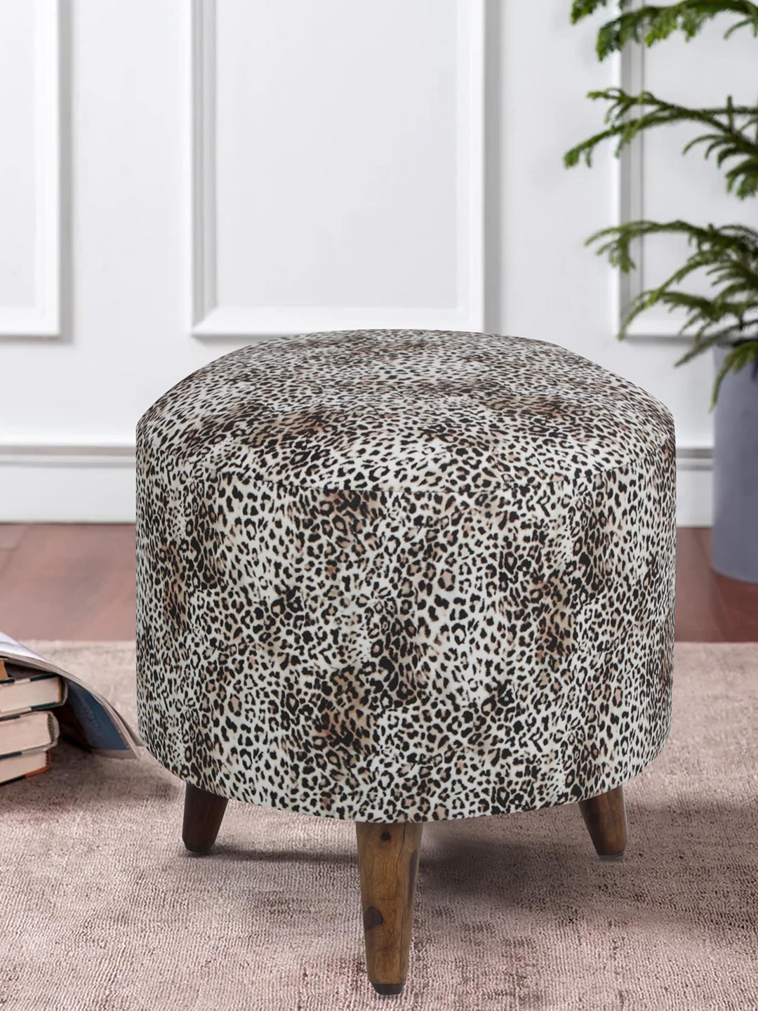 

GLOBALLY INDIAN Grey Printed Wooden & Velvet Round Puff Ottoman