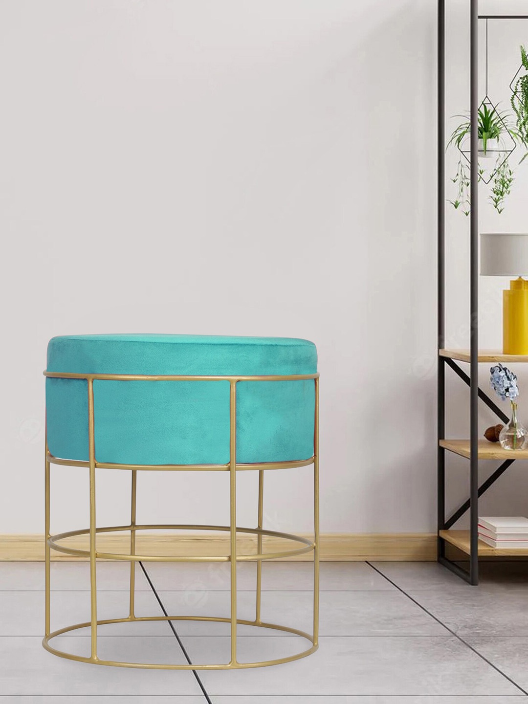 

GLOBALLY INDIAN Turquoise Blue & Gold-Toned Cylindrical Metal With Upholstery Ottoman