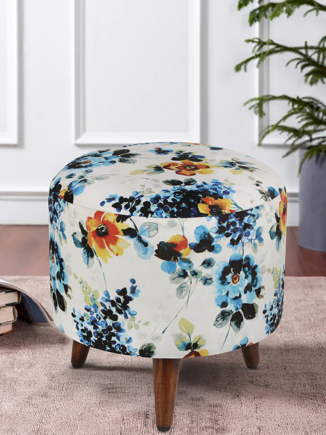 

GLOBALLY INDIAN White & Blue Printed Round Puff Ottoman