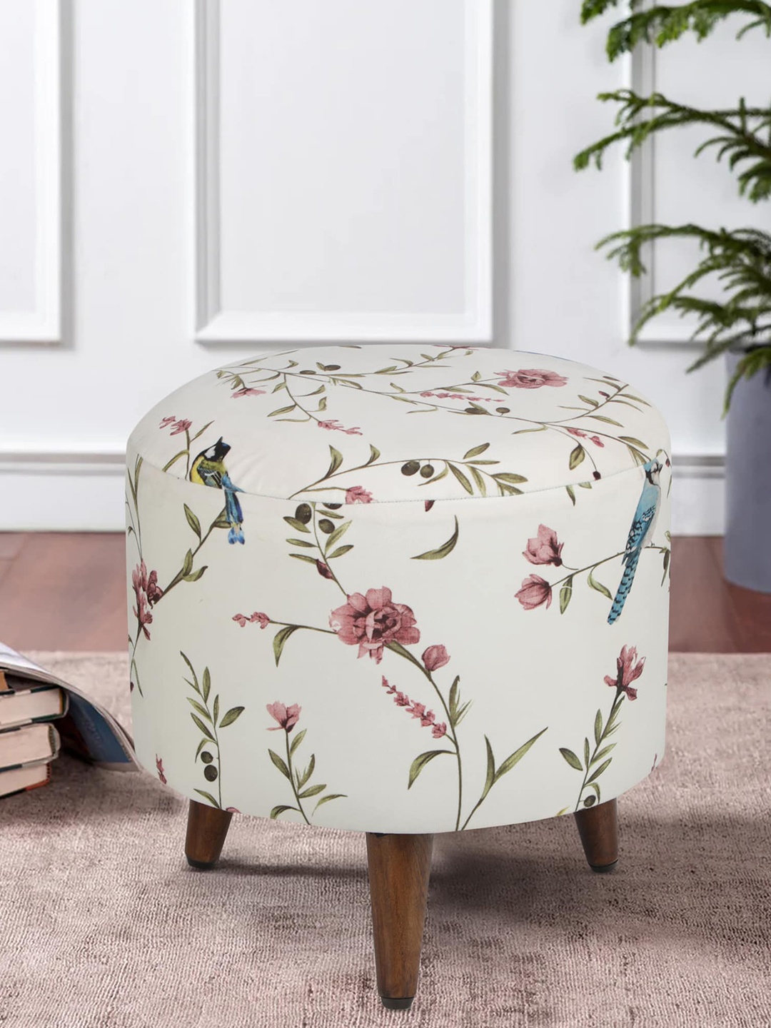 

GLOBALLY INDIAN Printed Round Shaped Puff Ottoman, White