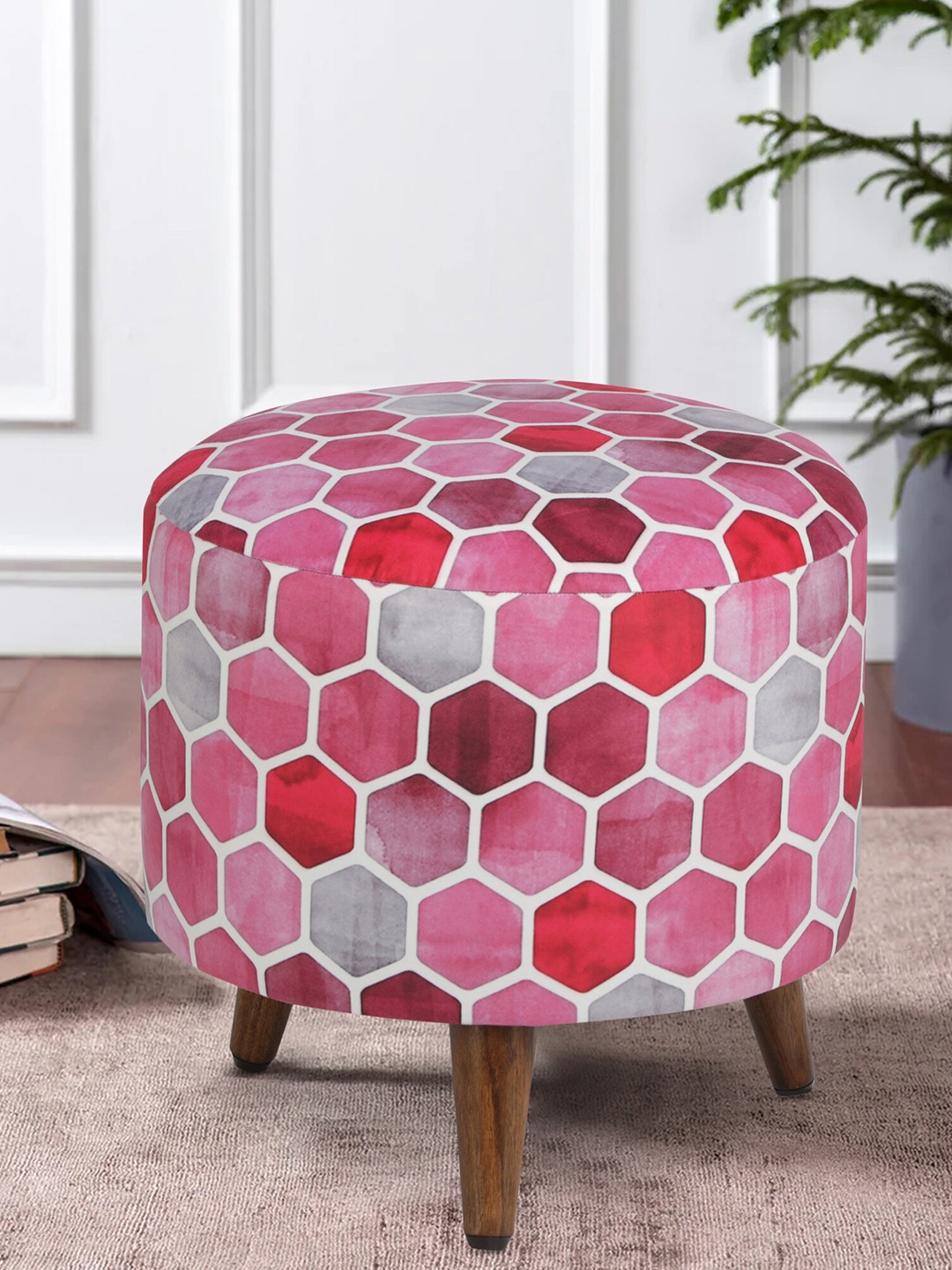 

GLOBALLY INDIAN Pink & Grey Geometric Printed Wooden & Velvet Round Puff Ottoman