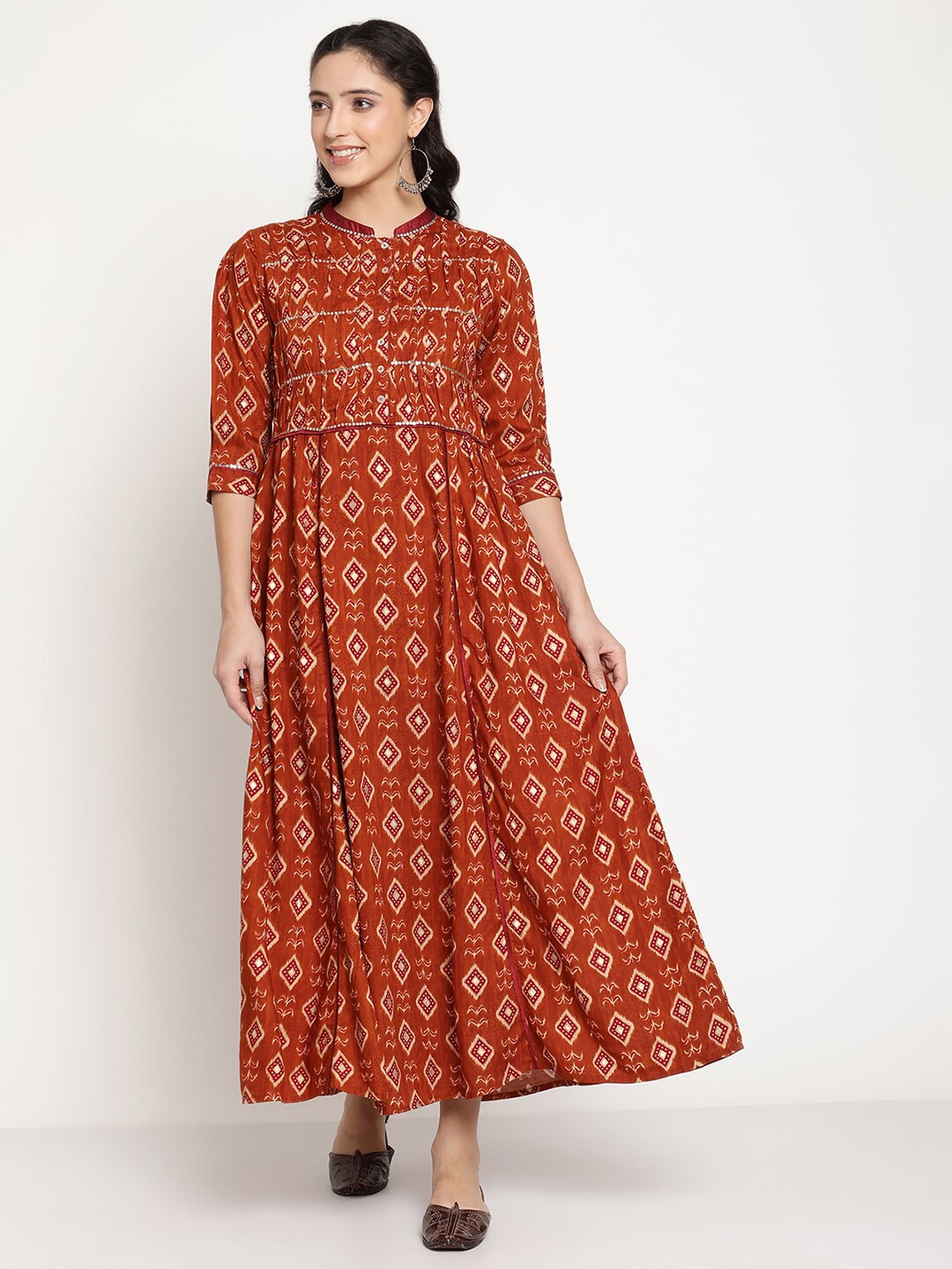 

Be Indi Rayon Printed Mandarin Collar Sequence Work Detailing Maxi Dress, Rust