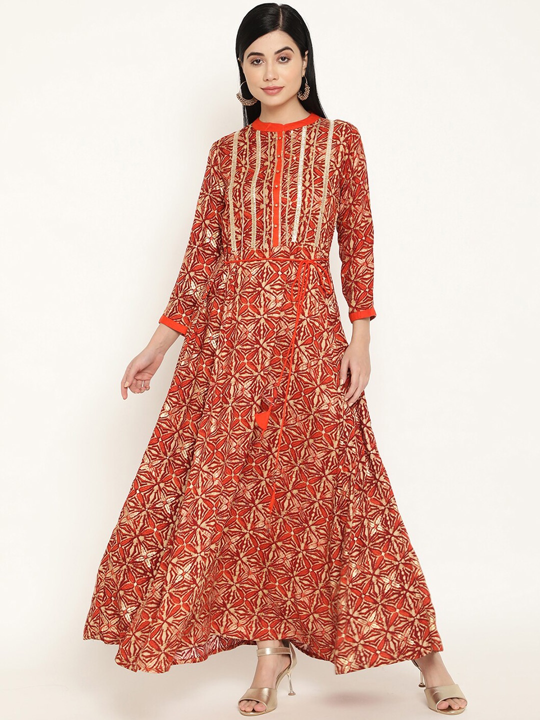 

Be Indi Rayon Floral Printed Mandarin Collar Gotta Patti Detailing Maxi Dress, Orange