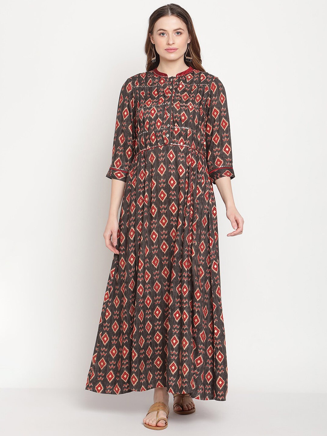 

Be Indi Rayon Geometric Printed Mandarin Collar A-Line Maxi Dress, Grey