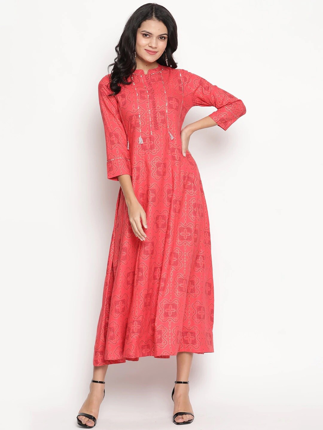 

Be Indi Rayon Printed Mandarin Collar Sequence Work Detailing A-Line Midi Dress, Coral