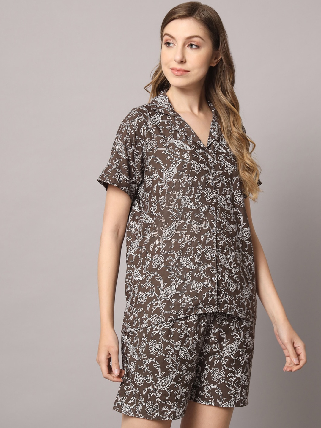 

ZRI Women 2 Pieces Ethnic Motifs Printed Pure Cotton Night Suit, Grey