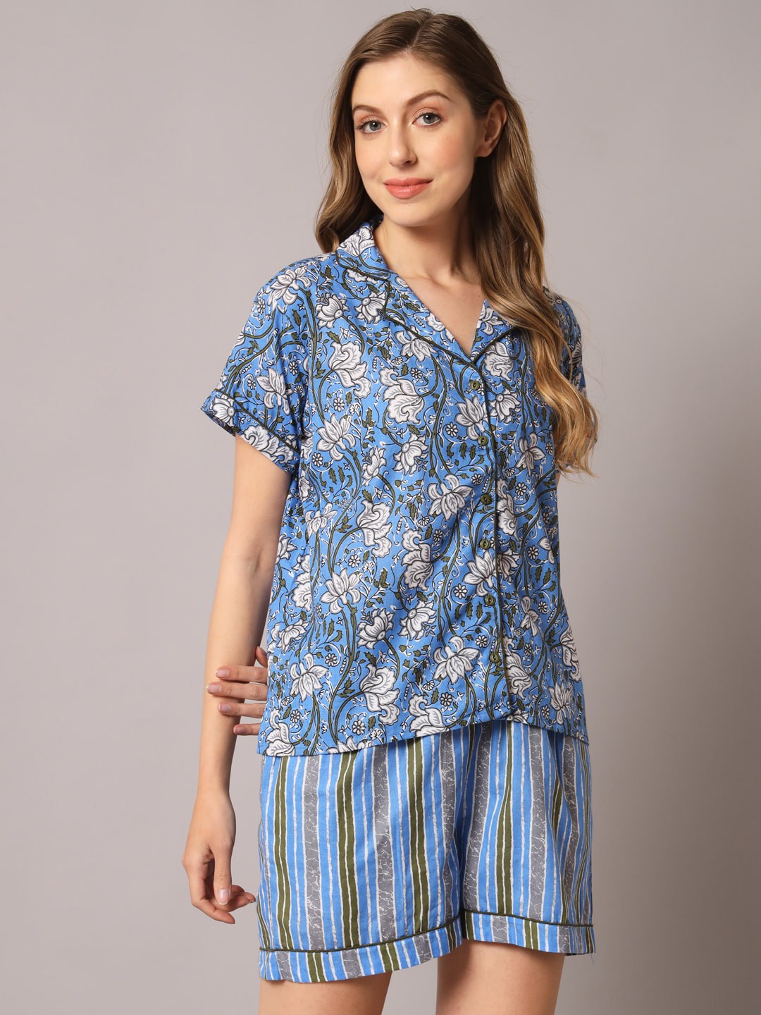 

ZRI Women 2 Pieces Floral Printed Pure Cotton Night Suit, Blue