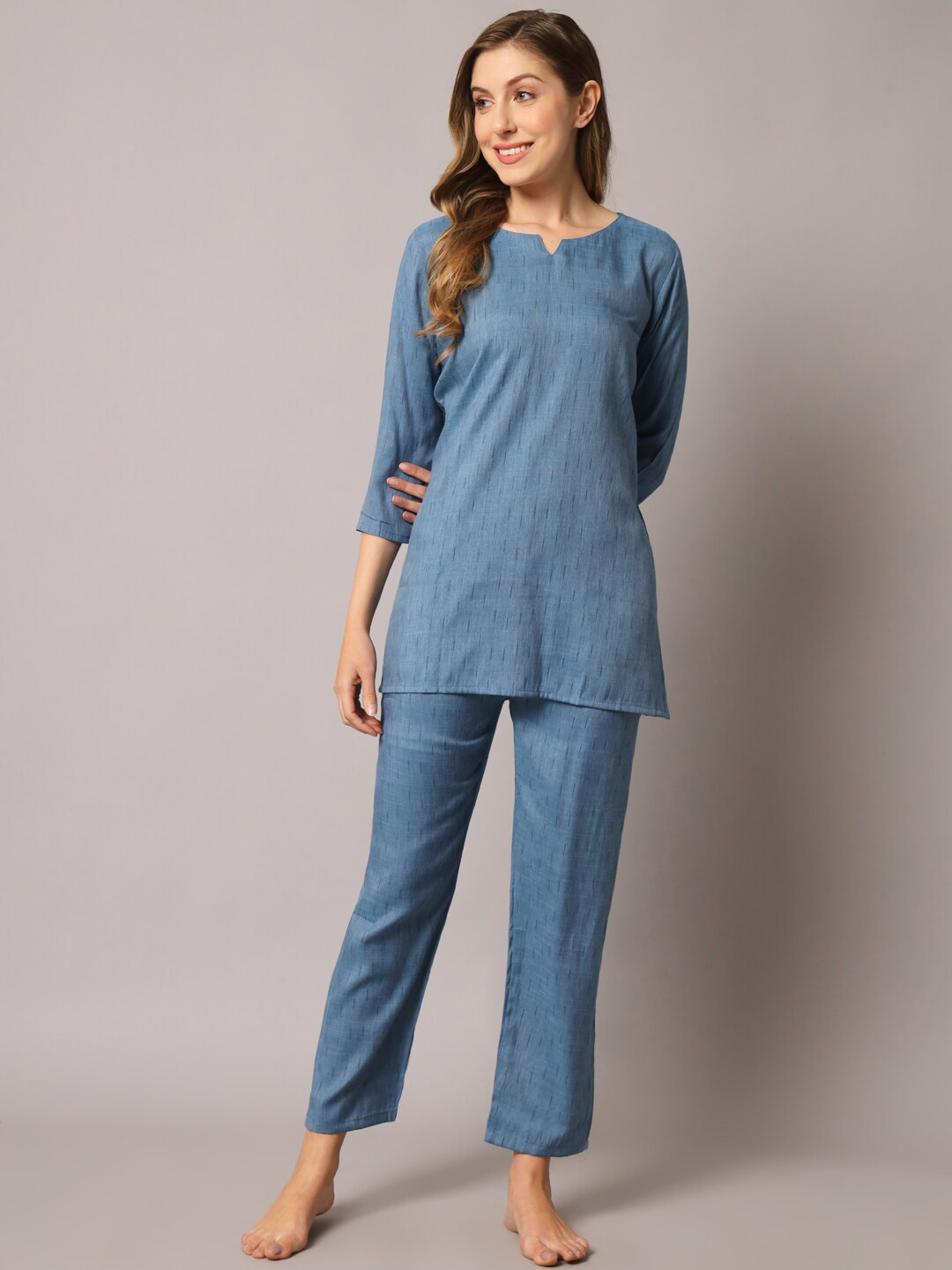 

ZRI Women 2 Pieces Round Neck Night Suit, Blue