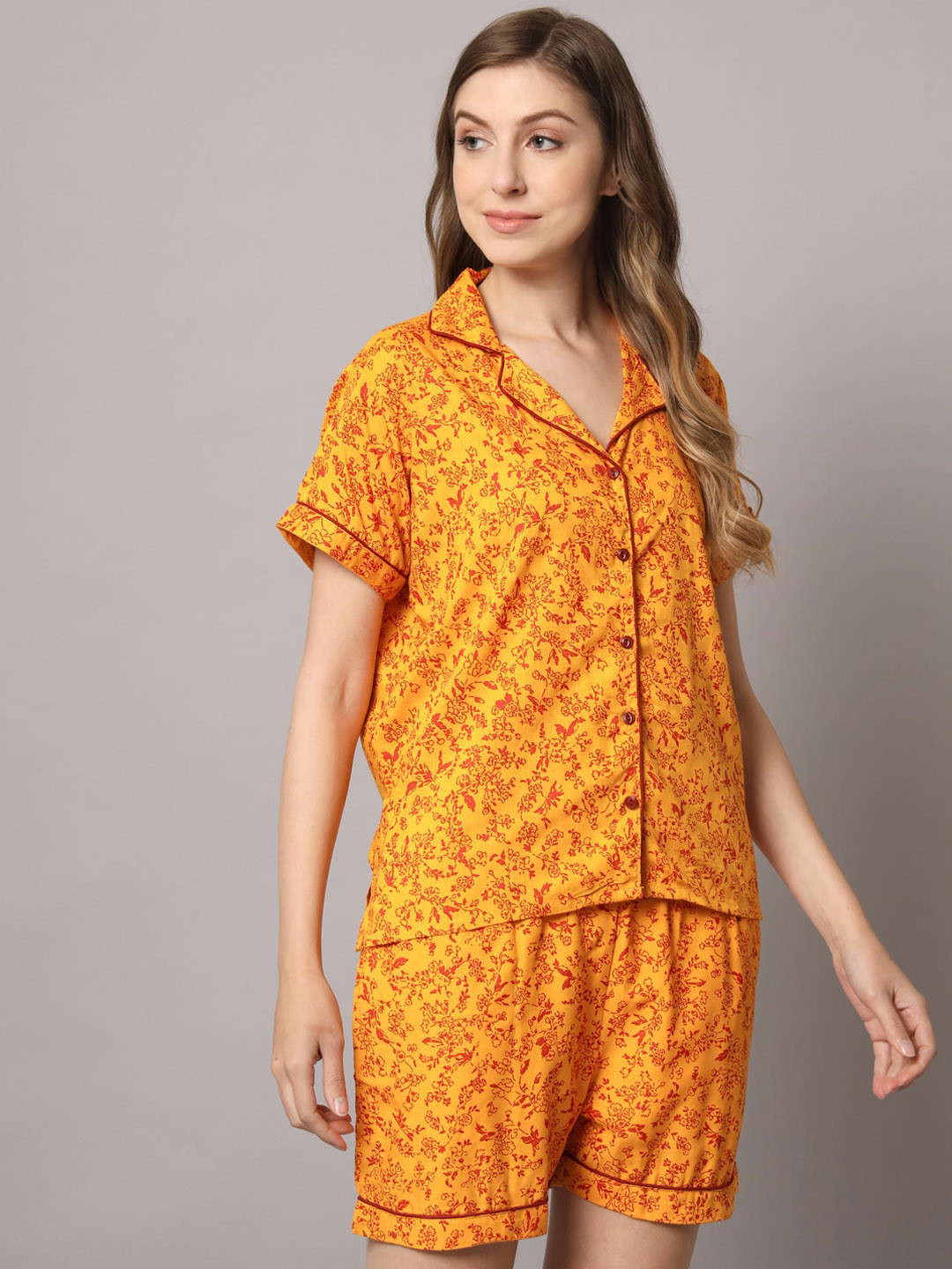

ZRI Women 2 Pieces Floral Printed Pure Cotton Night Suit, Mustard