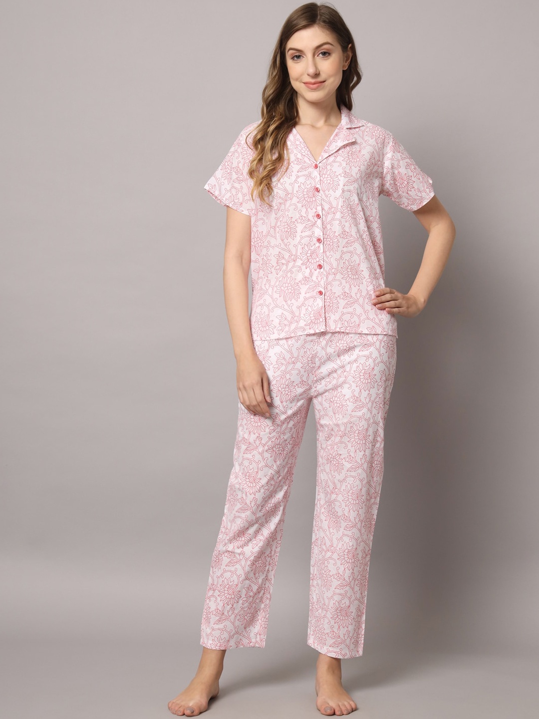 

ZRI Women 2 Pieces Floral Printed Pure Cotton Night Suit, White