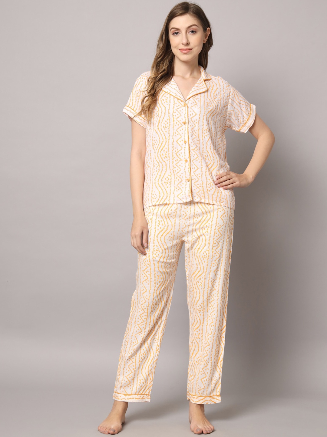 

ZRI Women 2 Pieces Geometric Printed Pure Cotton Night Suit, Cream