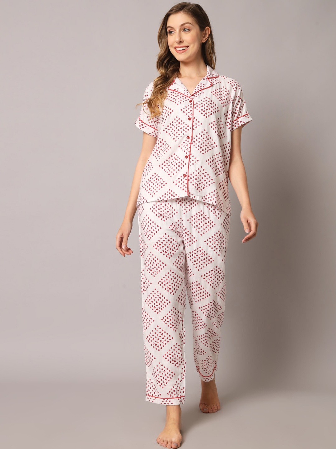 

ZRI Women 2 Pieces Geometric Printed Night Suit, White