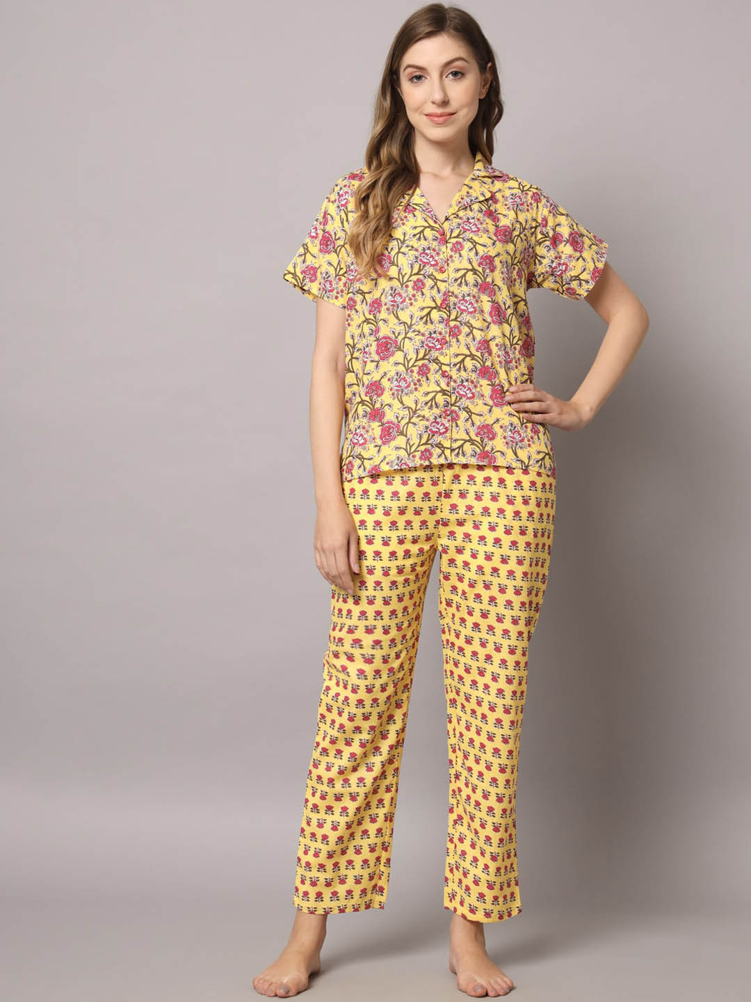 

ZRI Women 2 Pieces Floral Printed Pure Cotton Night suit, Yellow