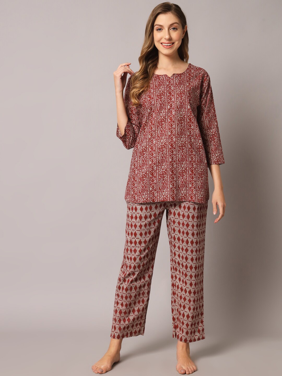 

ZRI Women 2 Pieces Ethnic Motifs Printed Pure Cotton Night Suit, Grey