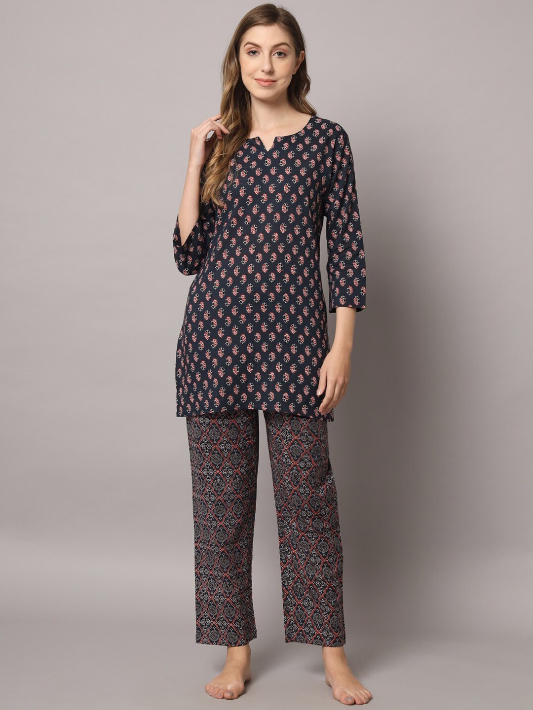 

ZRI Women 2 Pieces Ethnic Motifs Printed Pure Cotton Night Suit, Grey
