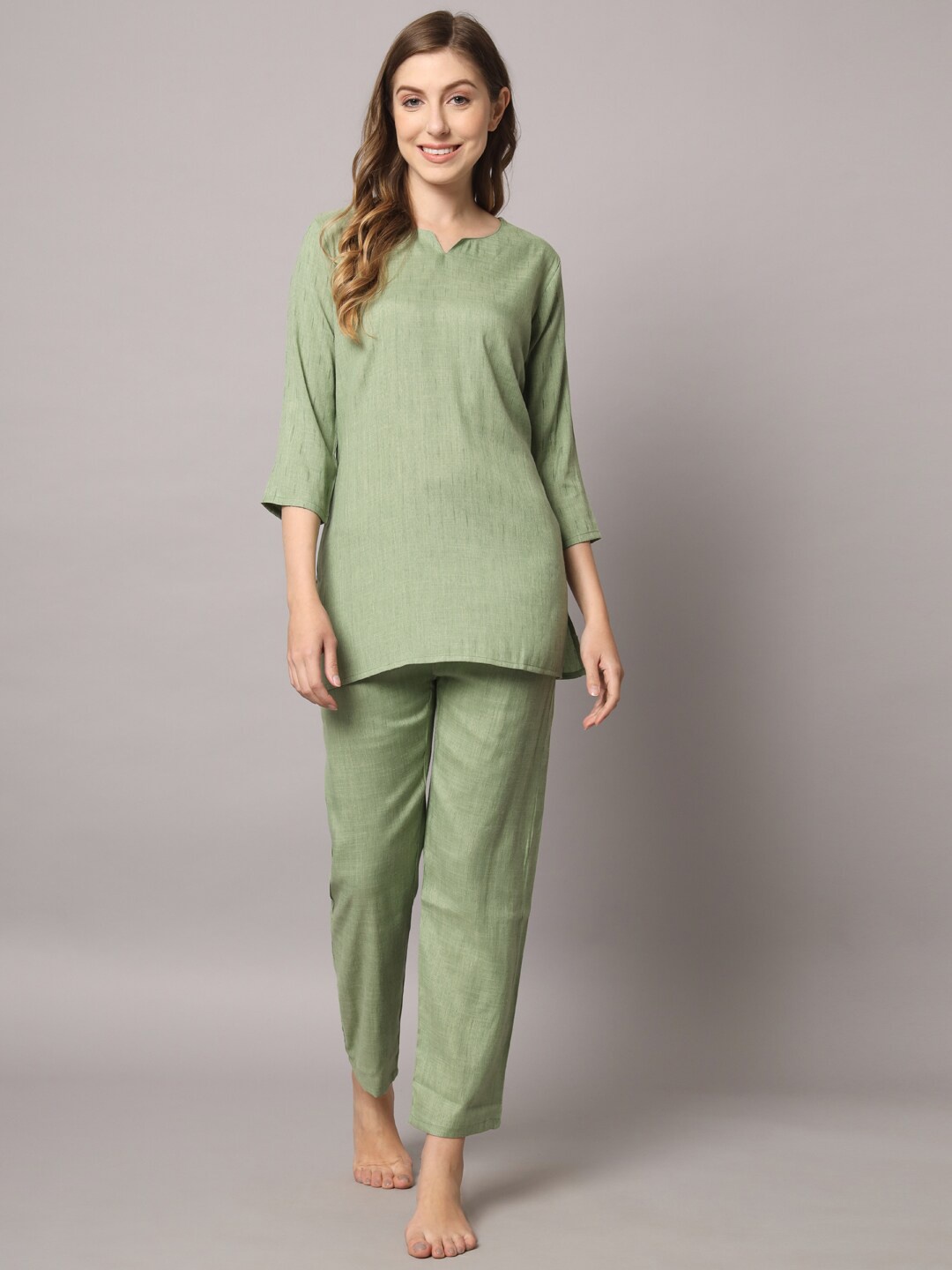 

ZRI Women 2 Pieces Round Neck Night Suit, Green