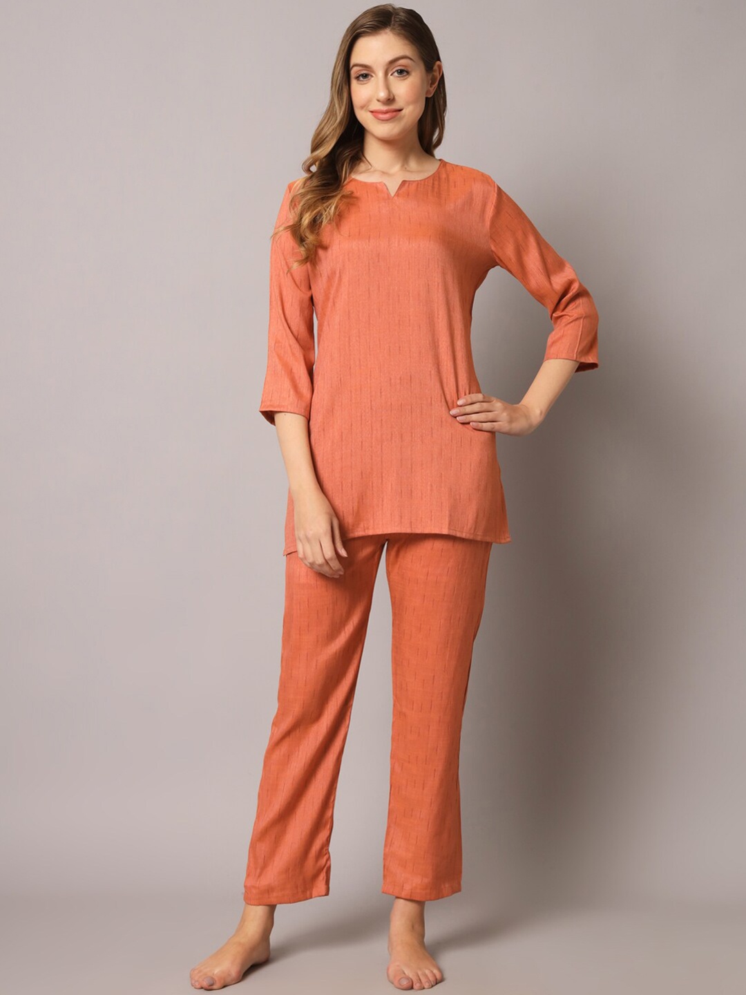 

ZRI Women 2 Pieces Striped Pure Cotton Night Suit, Rust