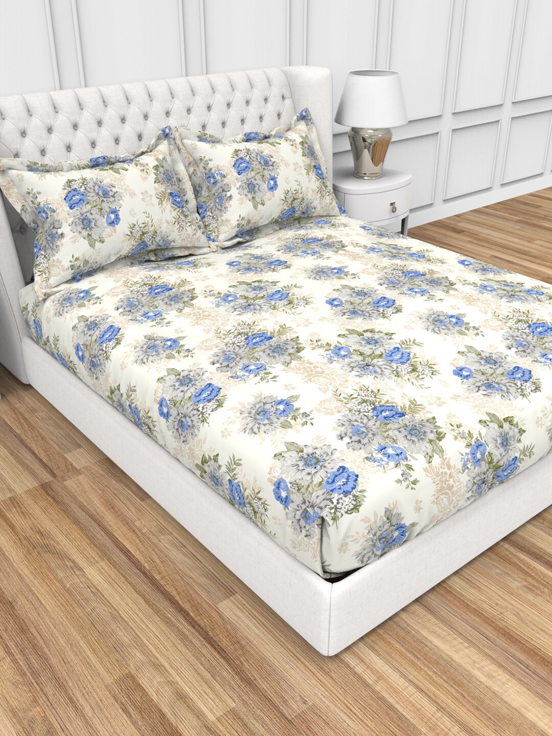 

THE WHITE MOSS Carmel Cream & Blue Floral 220 TC Fitted Single Bedsheet & 2 Pillow Covers