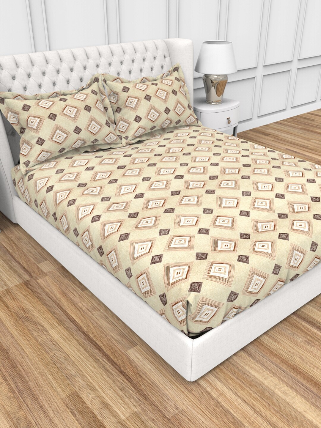 

THE WHITE MOSS Carmel Cream & Brown Geometric 220 TC Fitted King Bedsheet & Pillow Covers