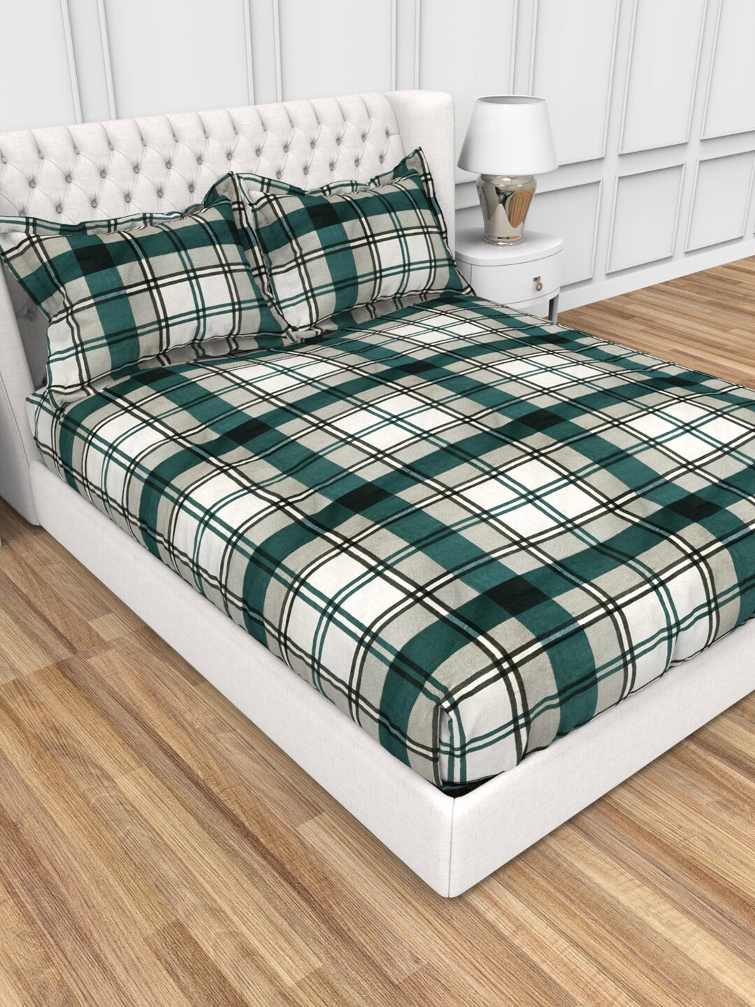 

THE WHITE MOSS Carmel Green Geometric 220 TC Fitted King Bedsheet with 2 Pillow Covers