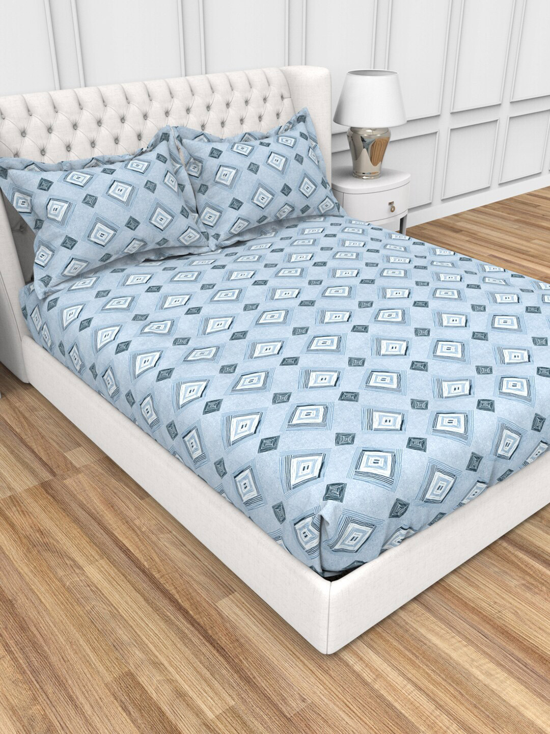 

THE WHITE MOSS Carmel Blue Geometric 220 TC Fitted King Bedsheet with 2 Pillow Covers