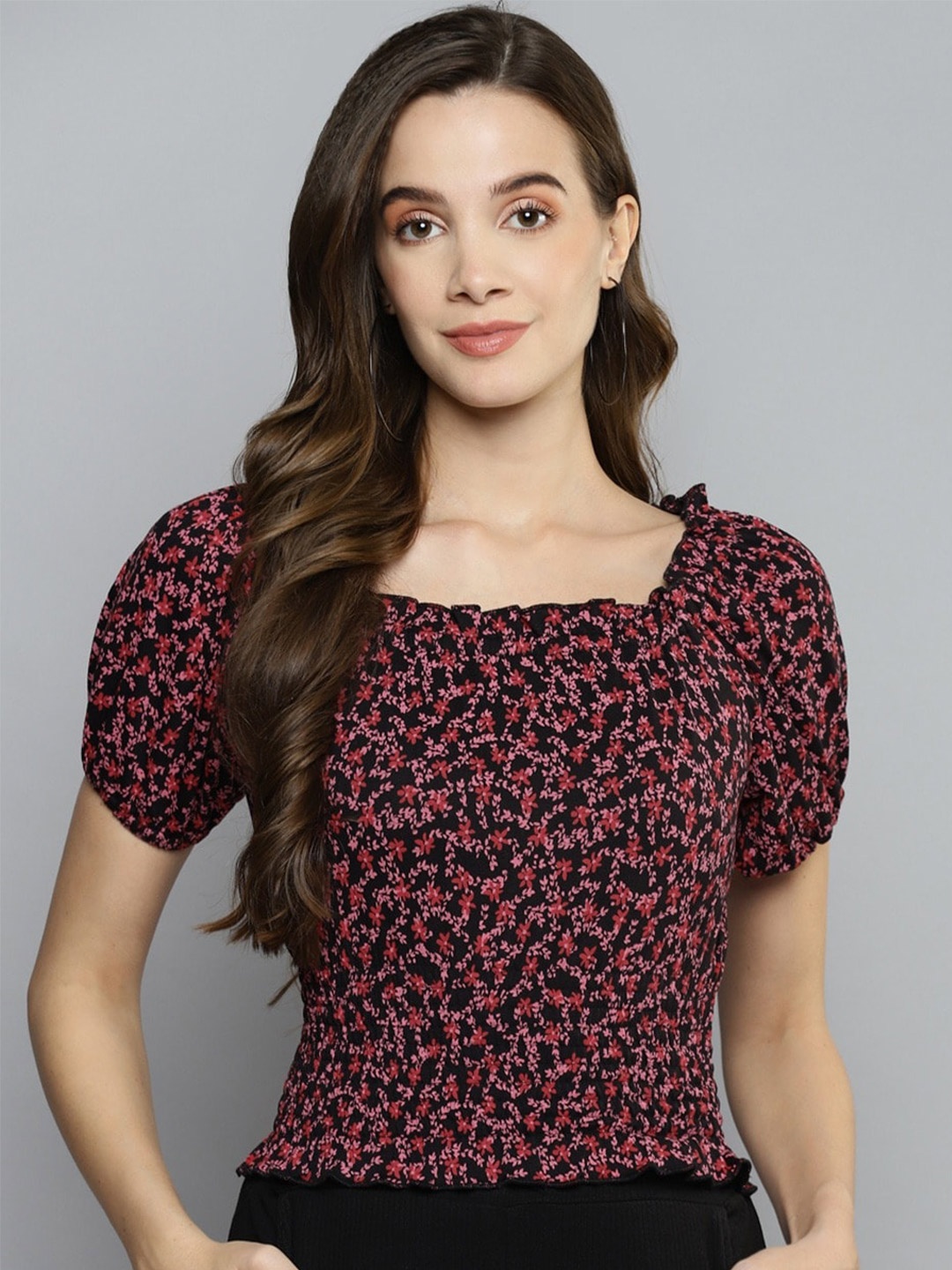 

VividArtsy Ditsy Floral Printed Puff Sleeves Top, Red