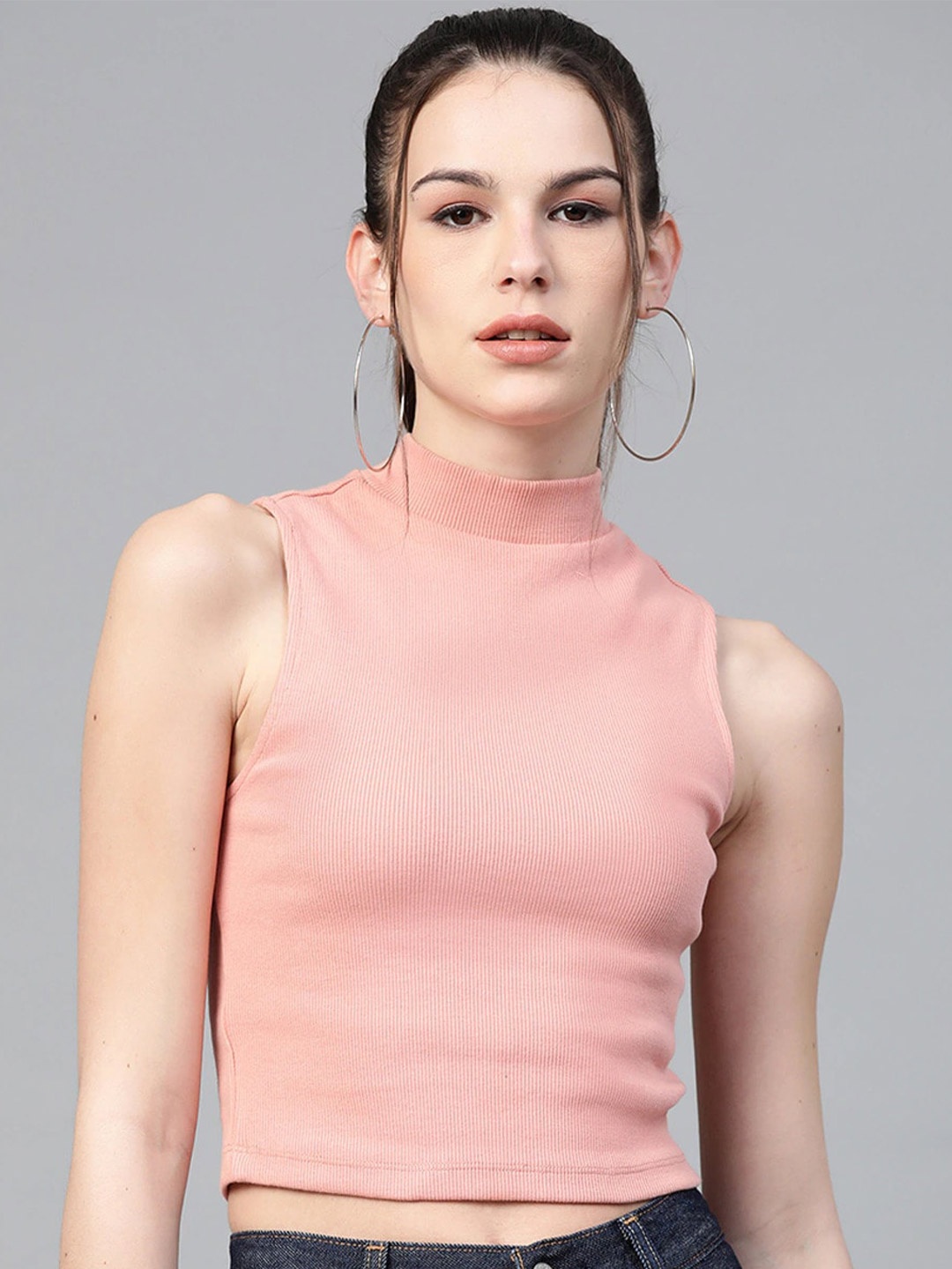 

VividArtsy Ribbed High Neck Fitted Crop Top, Peach