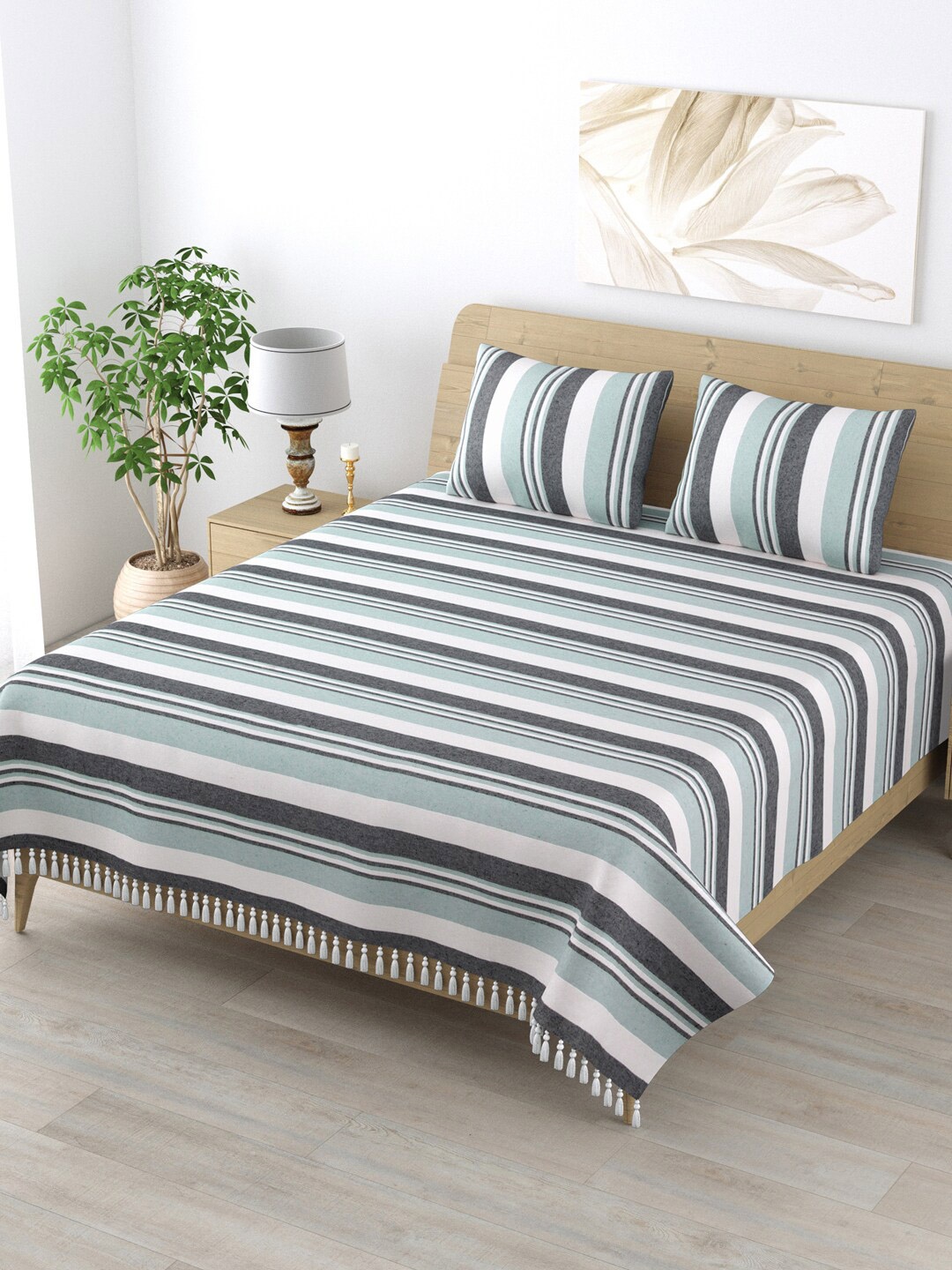 

Varde Grey Melange & White Striped 210 TC Flat Pure Cotton King Bedsheet & 2 Pillow Covers