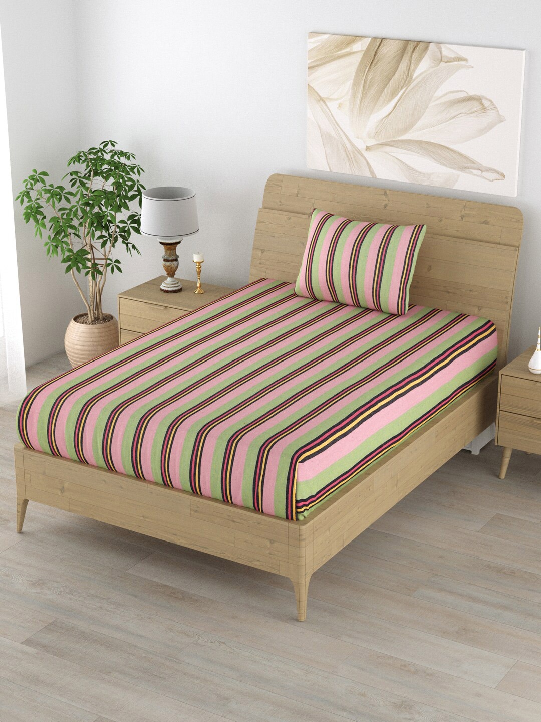 

Varde Pink & Green Striped 210 TC Flat Cotton Single Bedsheet with Pillow Cover