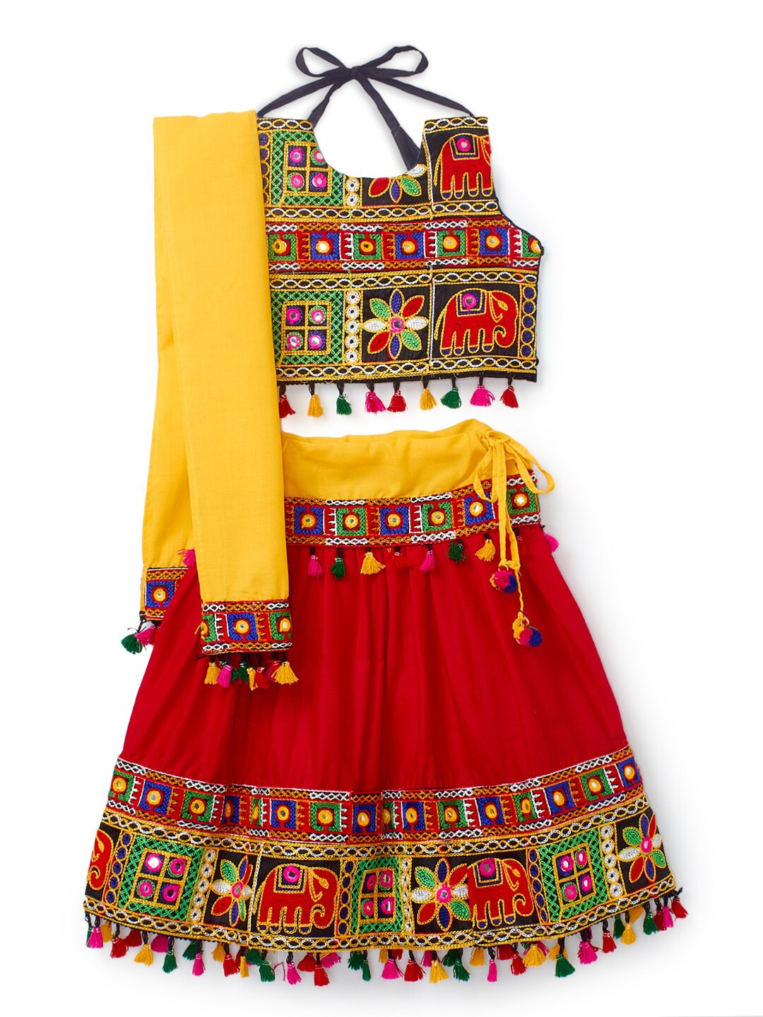 

BANJARA INDIA Girls Embroidered Ready to Wear Cotton Lehenga & Blouse With Dupatta, Red