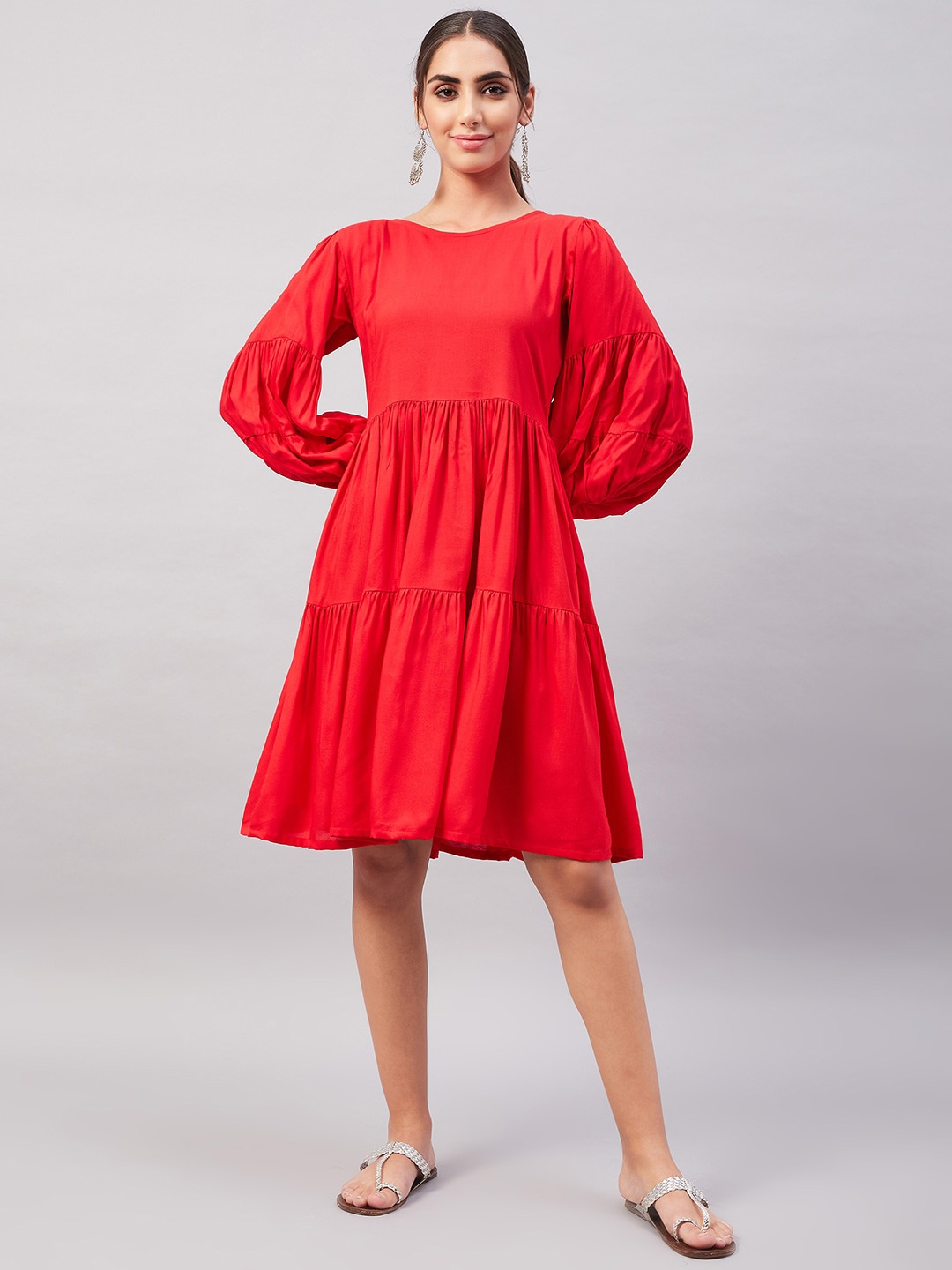 

InWeave Tiered Puff Sleeve Dress, Red