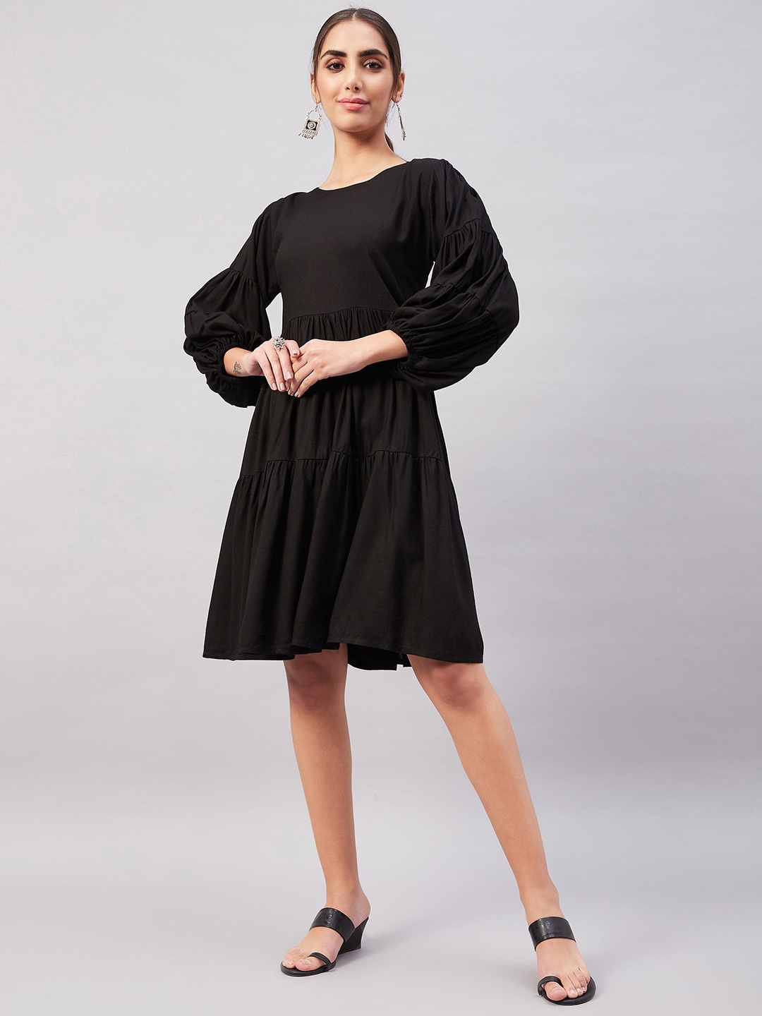 

InWeave Tiered Puff Sleeve Dress, Black