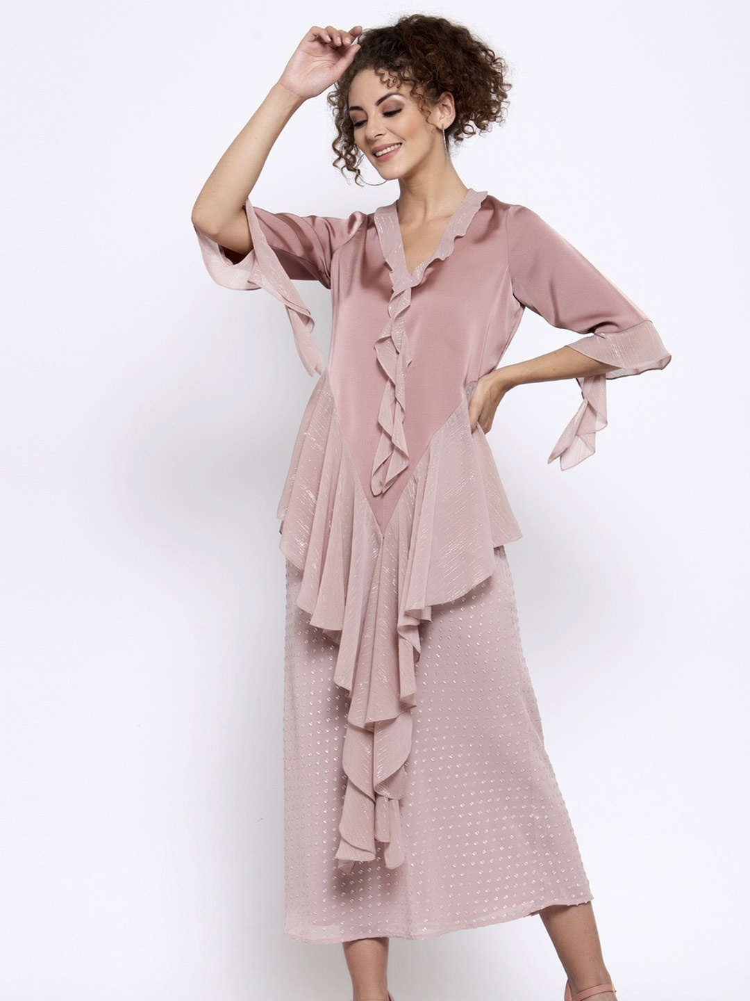 

LELA Ruffled Frill Detailed Asymmetric Hem Longline Top, Pink