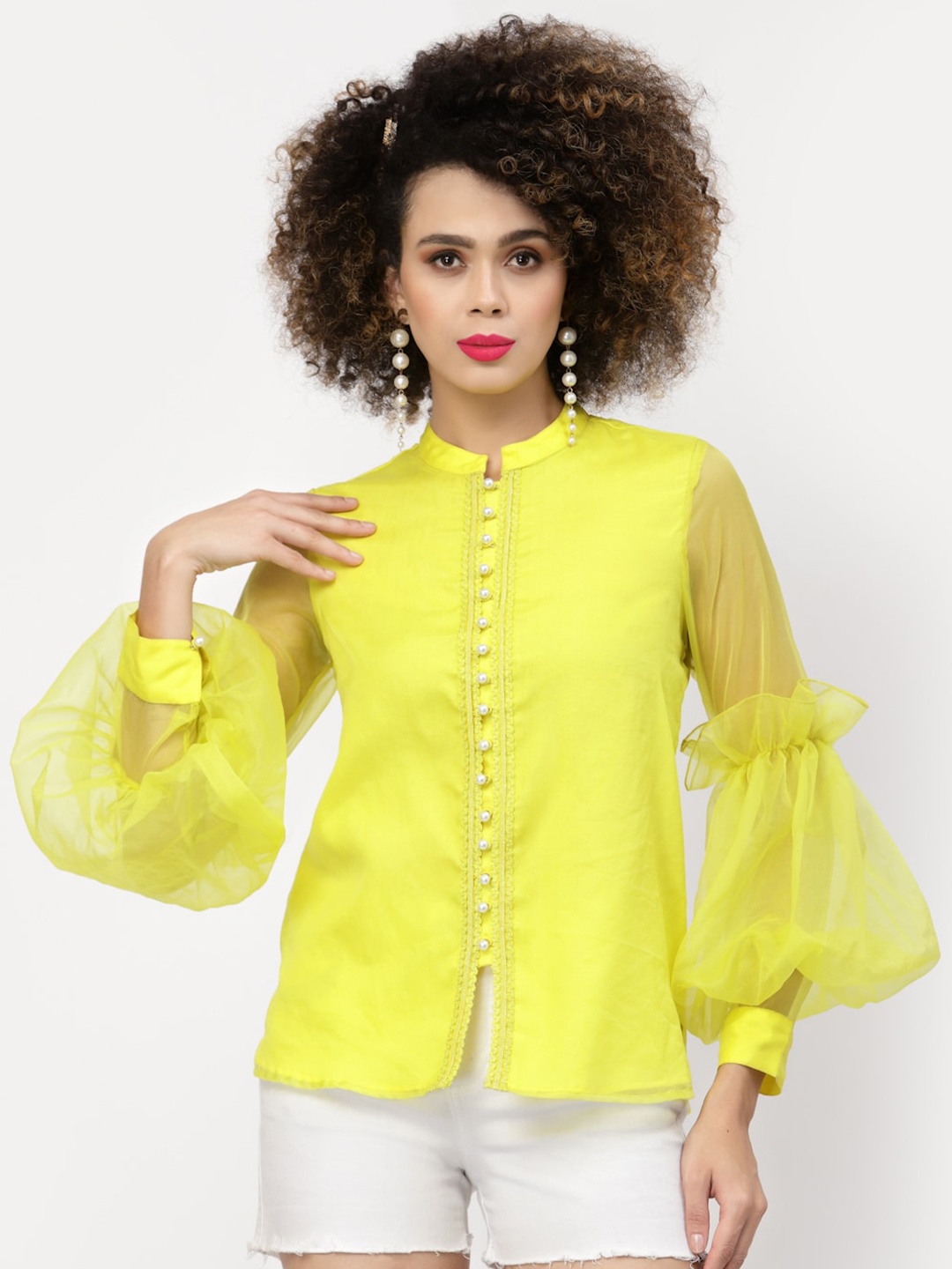 

LELA Puff Sleeves Mandarin Collar Shirt Style Top, Yellow