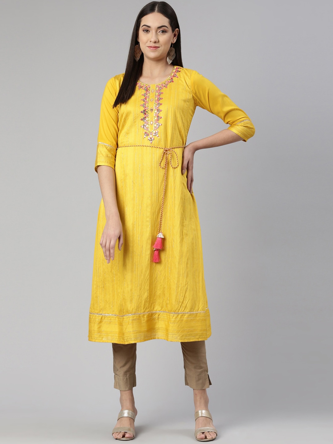 

Neerus Women Ethnic Motifs Embroidered A-Line Kurta, Mustard