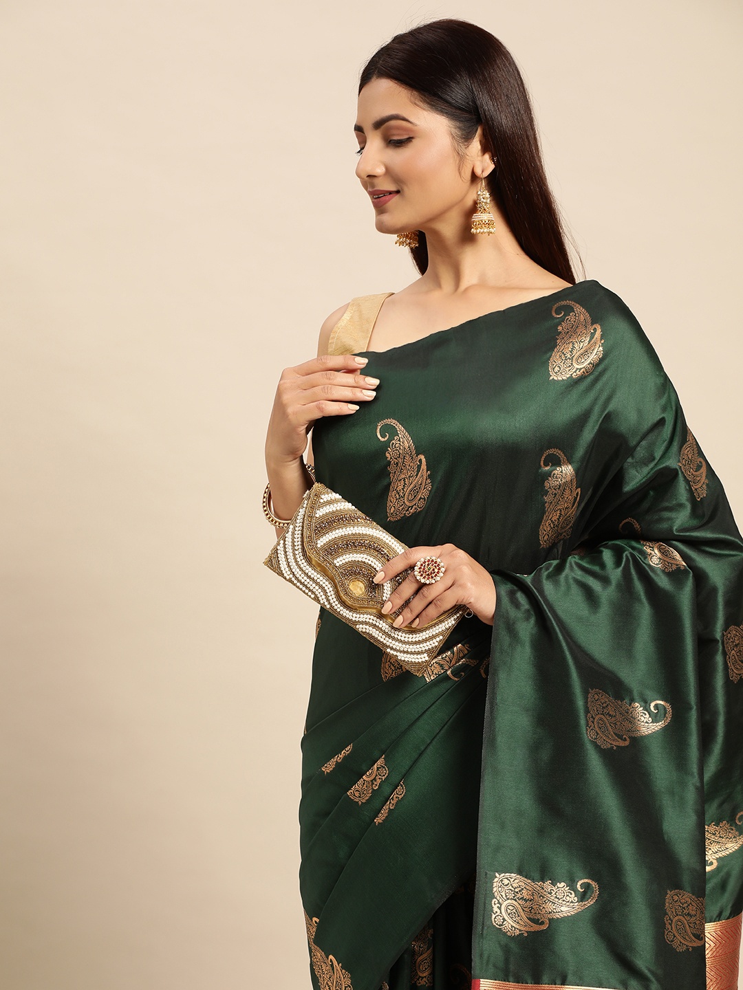 

Royal Rajgharana Saree Woven Design Ethnic Motifs Zari Pure Silk Banarasi Saree, Green