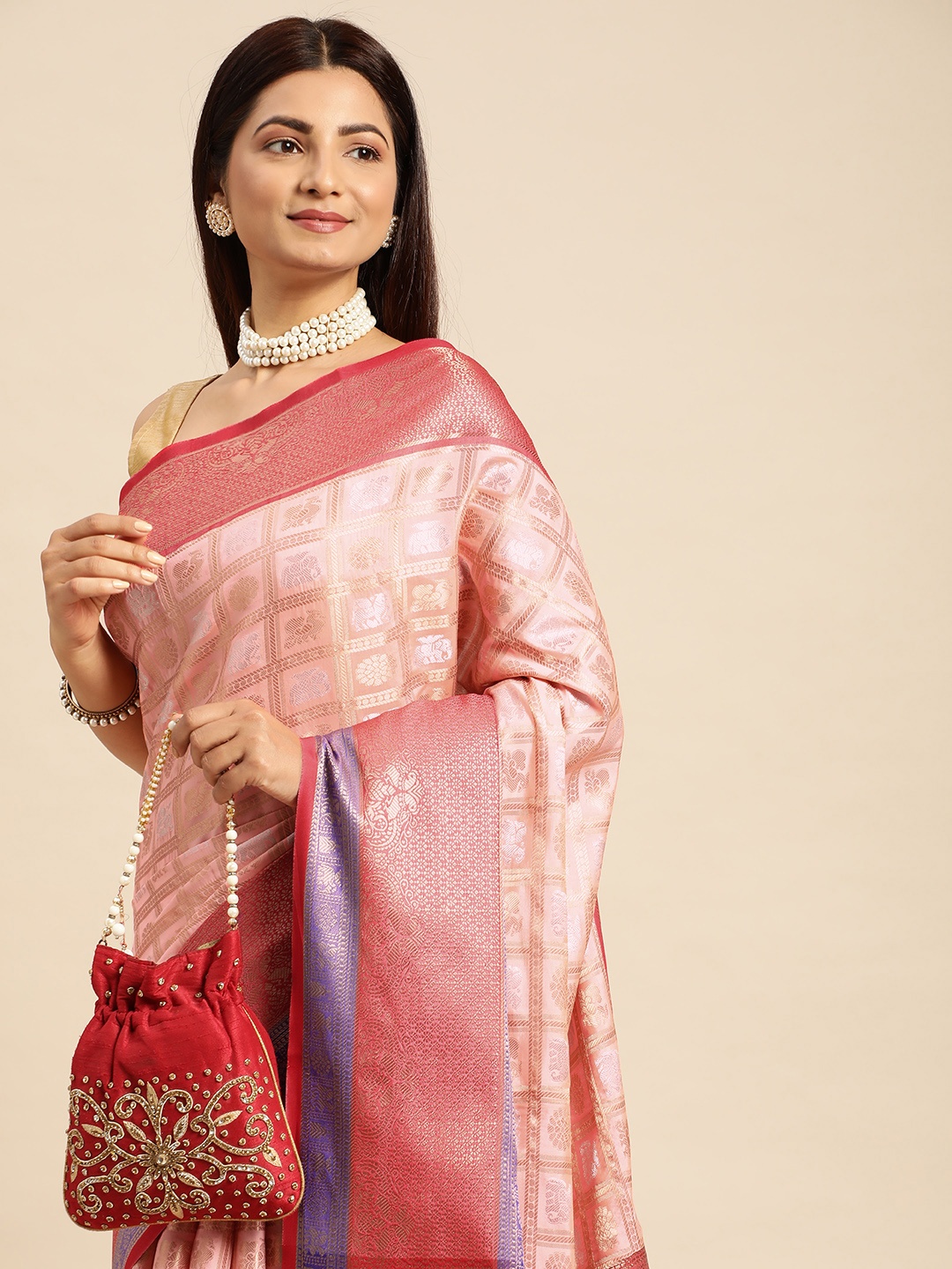 

Royal Rajgharana Saree Ethnic Motifs Zari Pure Silk Kanjeevaram Sarees, Peach