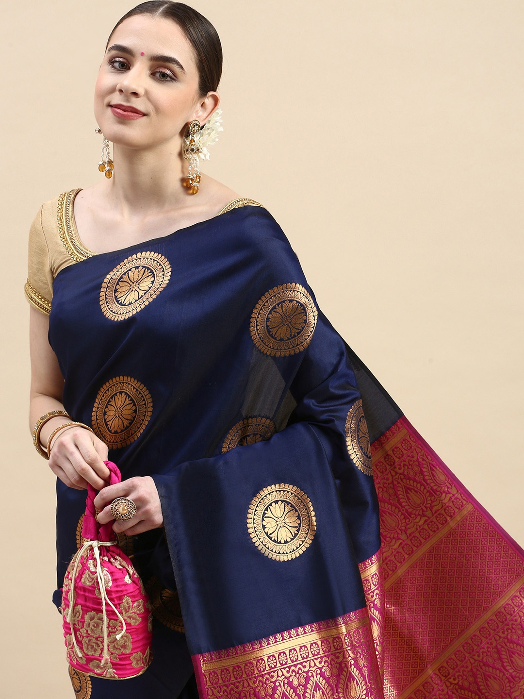 

Royal Rajgharana Saree Woven Design Ethnic Motifs Zari Pure Silk Banarasi Saree, Navy blue