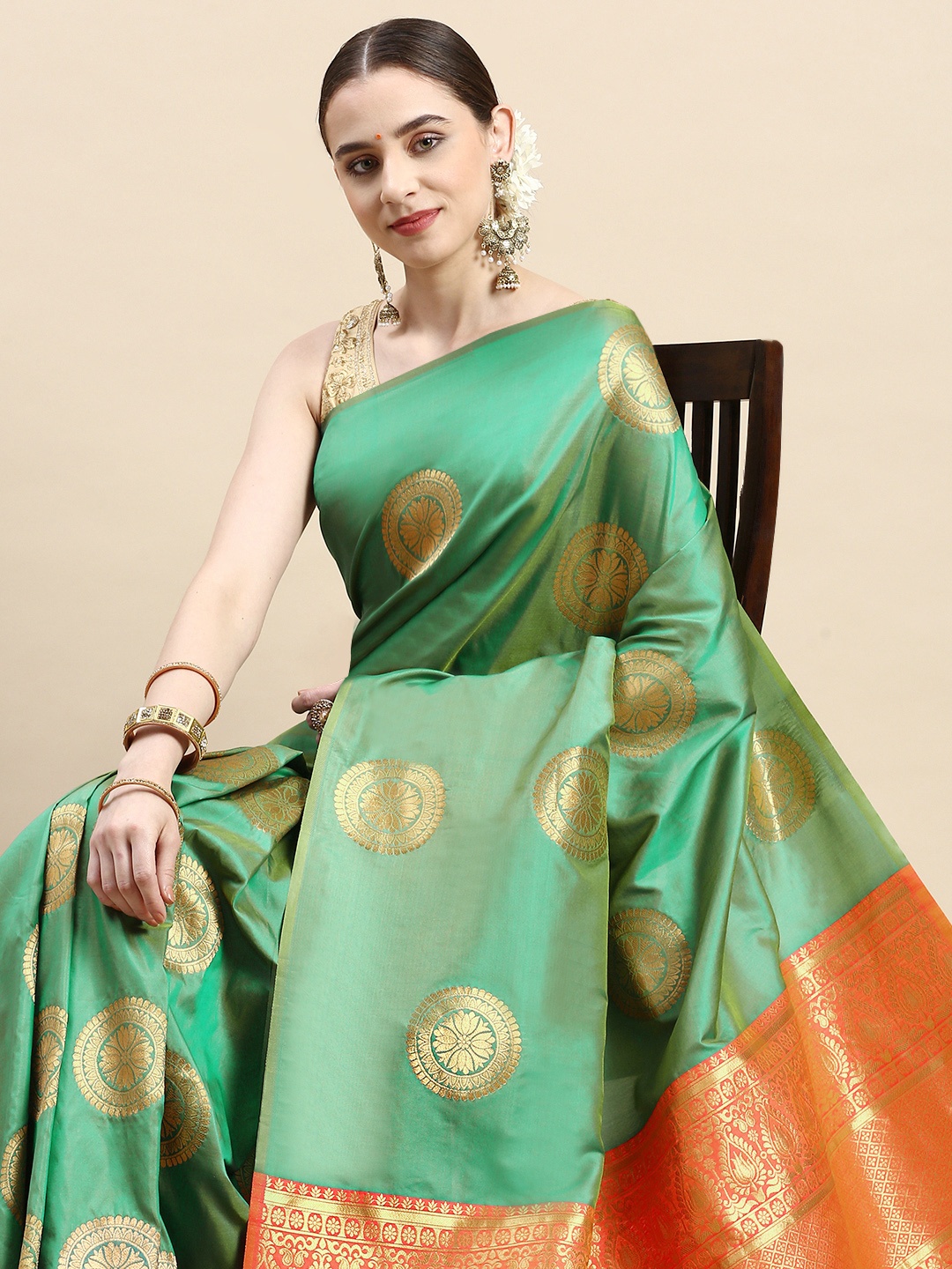 

Royal Rajgharana Saree Woven Design Ethnic Motifs Zari Pure Silk Banarasi Saree, Sea green